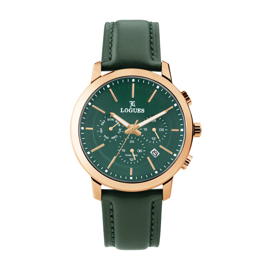 Logues | G 1913 WLD-10 Logues Quartz Analogue Green Dial Green Leather Strap Watch For Men