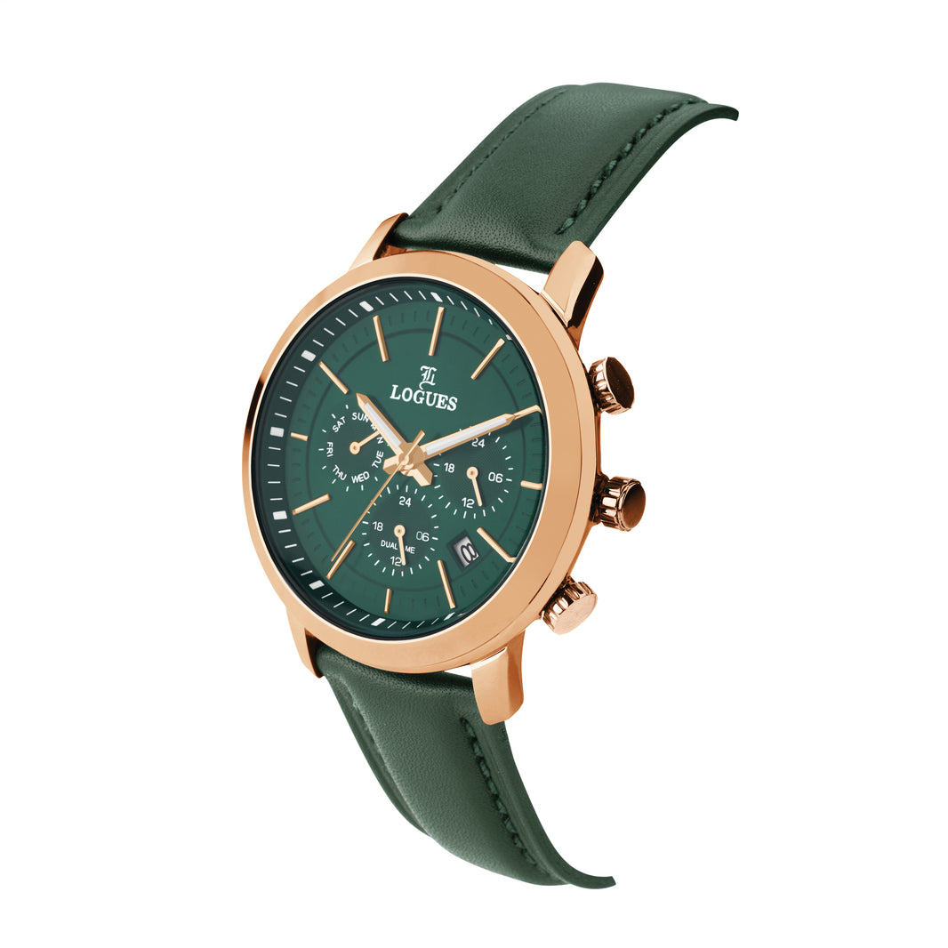 image Logues | G 1913 WLD-10 Logues Quartz Analogue Green Dial Green Leather Strap Watch For Men