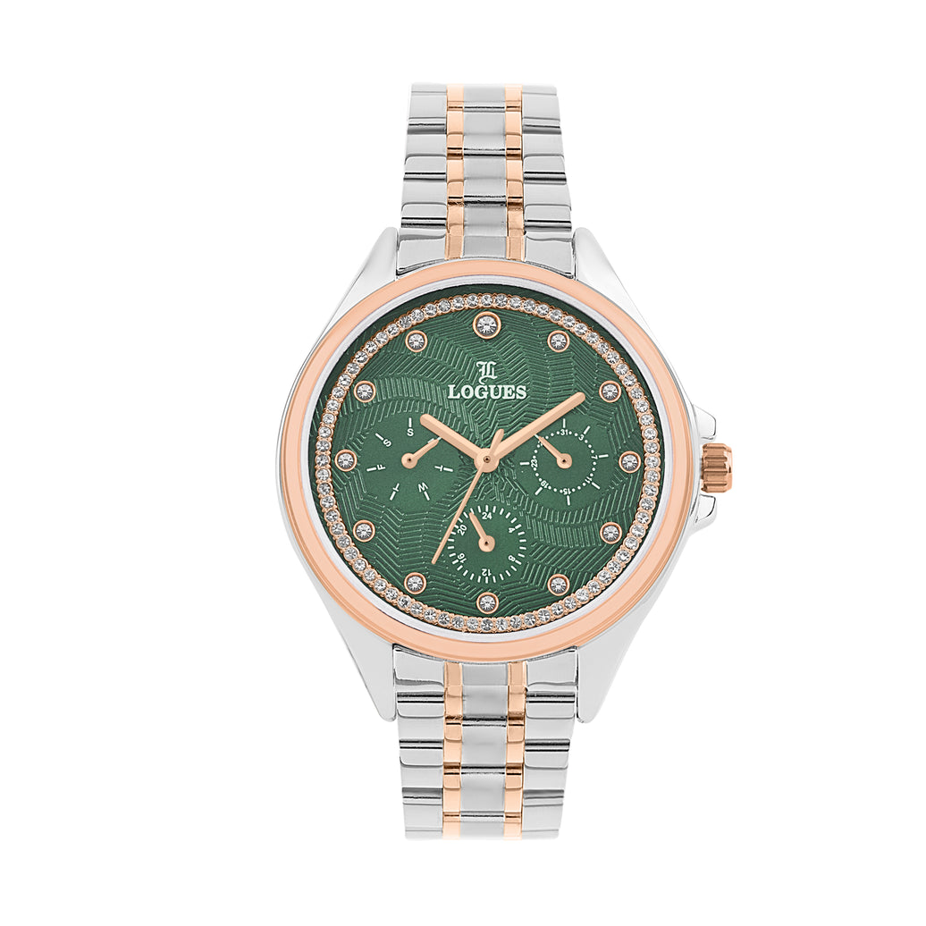 Logues | L 1721 BWM-10 Logues Quartz Analogue Green Dial Steel Rose Metal Strap Watch For Women