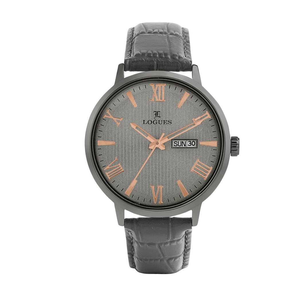 Logues | G 4211 QLD-27 Logues Quartz Analogue Grey Dial Grey Leather Strap Watch For Men