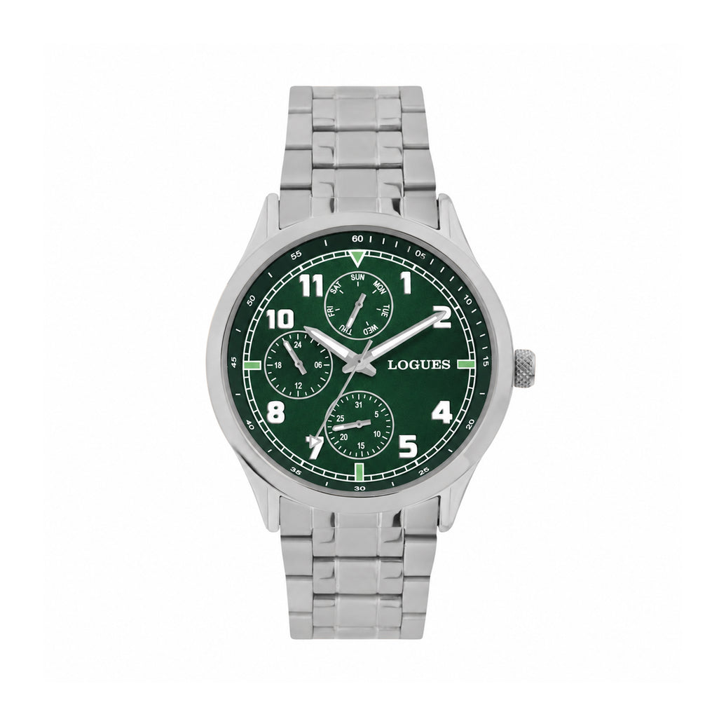 Logues men's multifunction watch, green dial, steel metal strap, 42 mm case - G 1906 SM-10