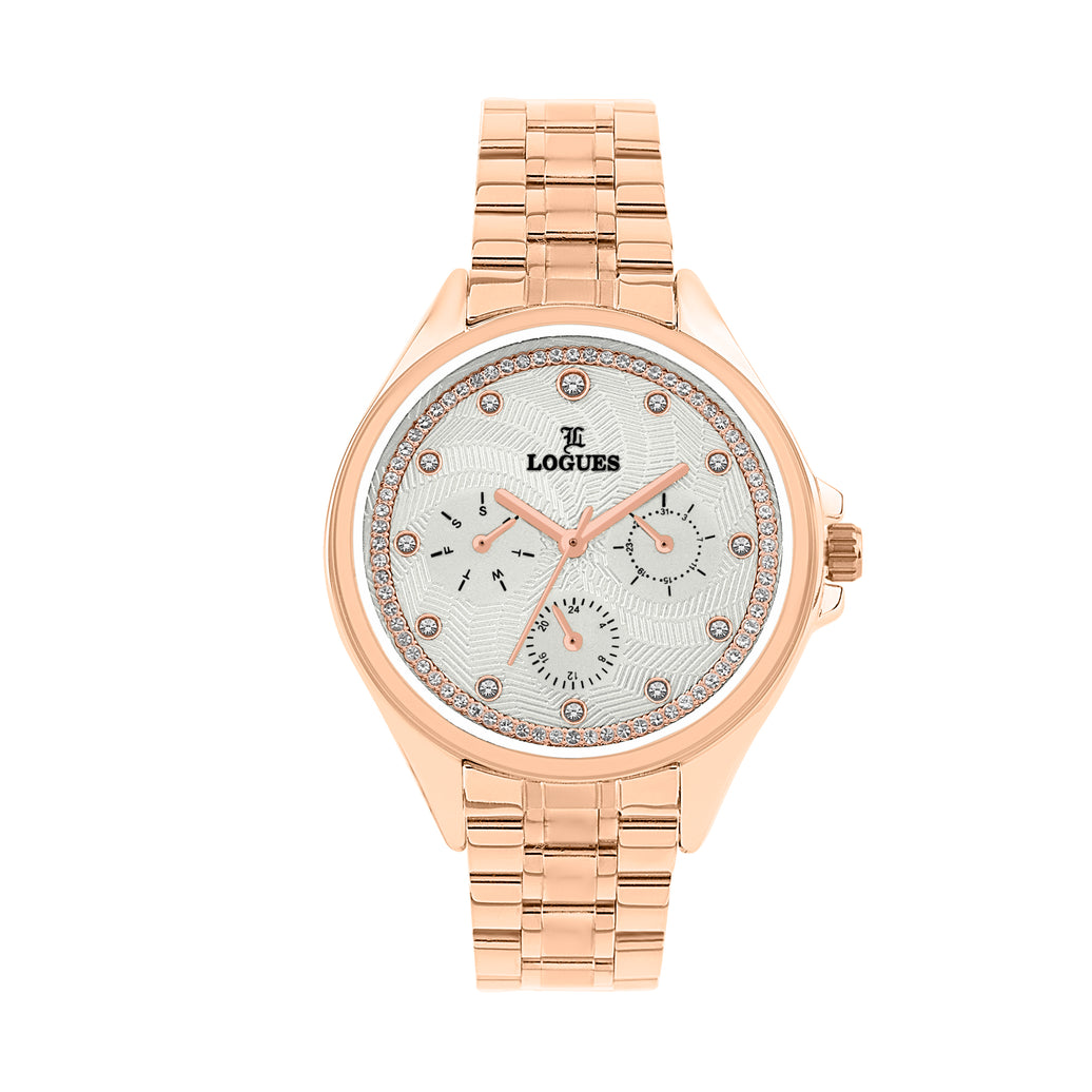 Logues | L 1721 WM-02 Logues Quartz Analogue Silver Dial Rose Metal Strap Watch For Women