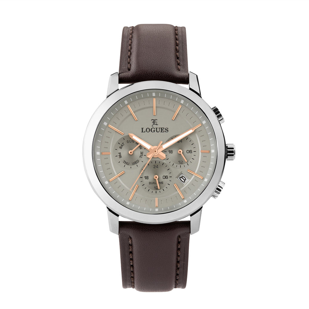 Logues | G 1913 SLD-77 Logues Quartz Analogue Grey Dial Brown Leather Strap Watch For Men