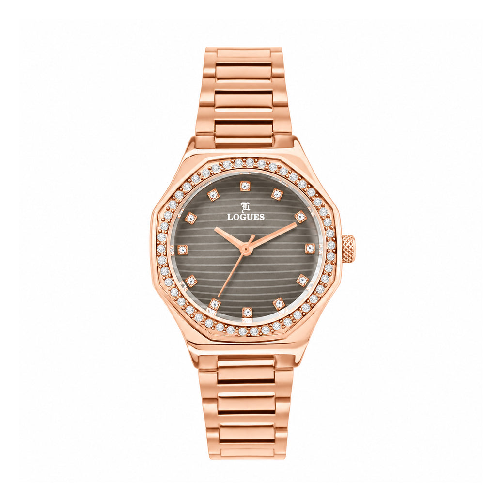 Logues women's analog watch, grey dial, rose gold metal strap, 38 mm case - L 6232 WM-27