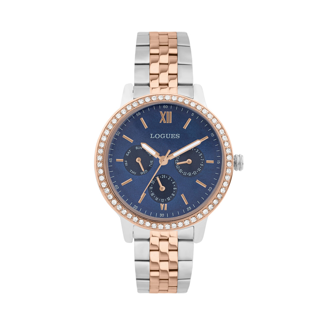 Logues | L 1724 BWM-04 Logues Quartz Analogue Blue Dial Steel Rose Metal Strap Watch For Women