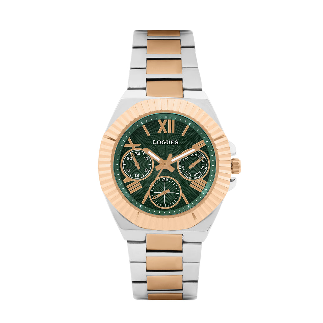 Logues | L 1725 BWM-10 Logues Quartz Analogue Green Dial Steel Rose Metal Strap Watch For Women