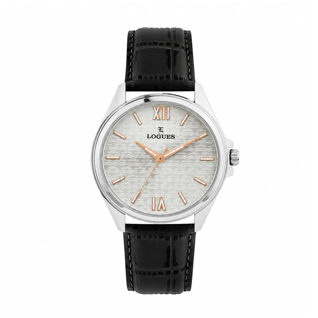 Logues men's analog watch, silver dial, black leather strap, 45 mm case - G 4162 SL-21