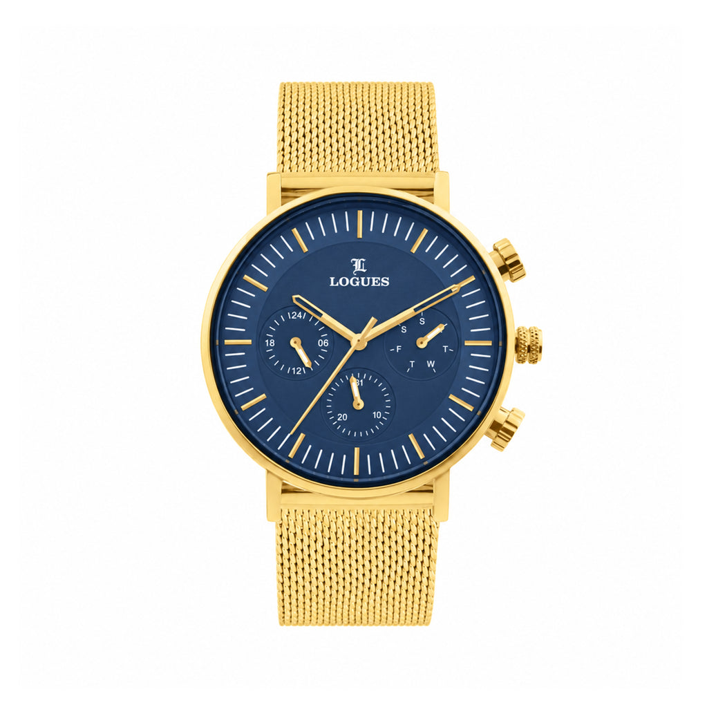 Logues men's multifunction watch, blue dial, blue Milanese mesh strap, 41 mm case - G 1990 VZ-04