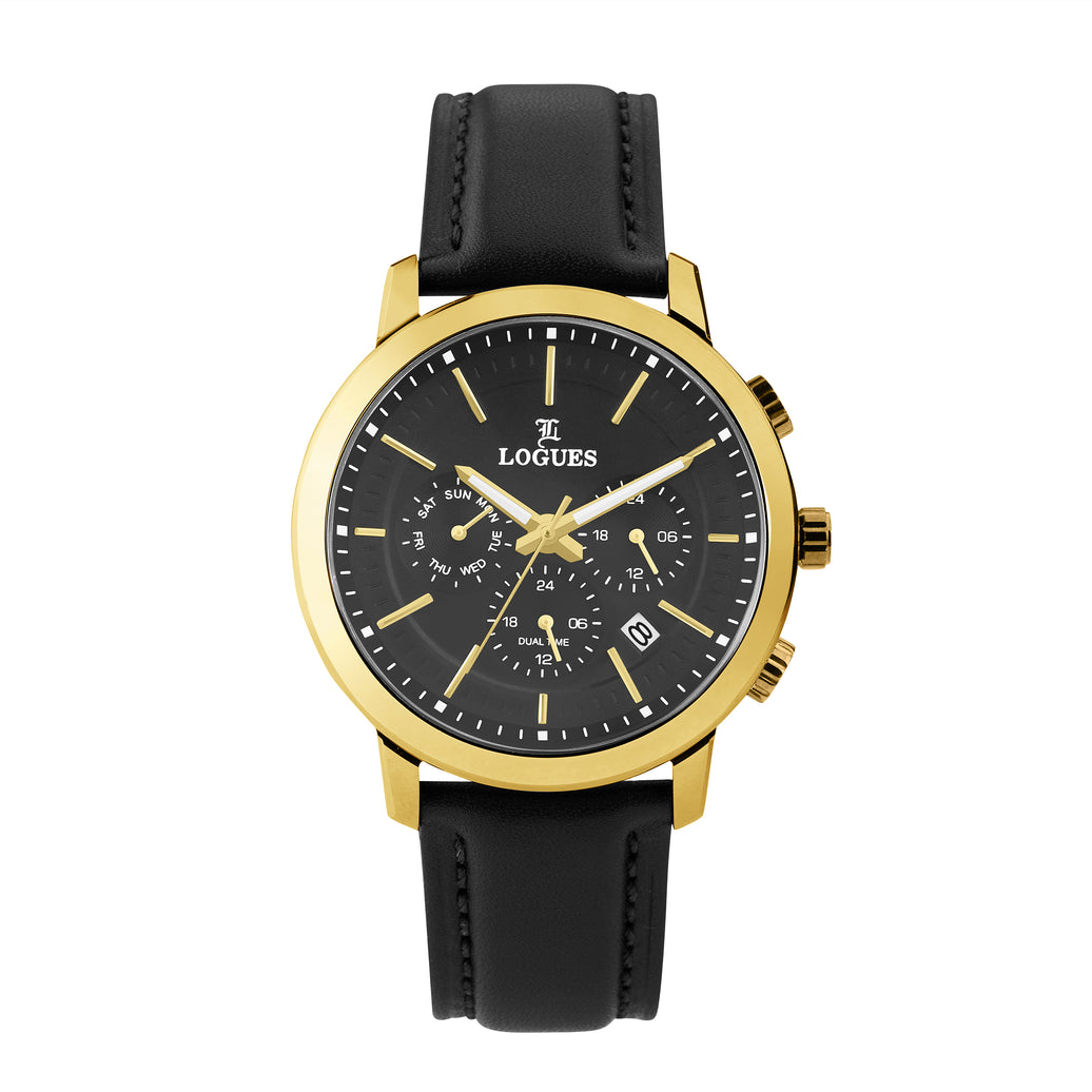 Logues | G 1913 YLD-03 Logues Quartz Analogue Black Dial Black Leather Strap Watch For Men