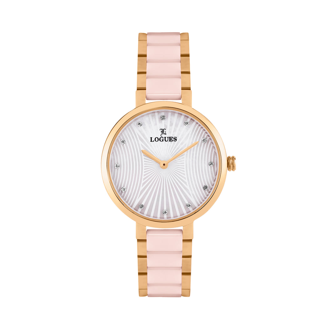 Logues | L 6270 WPC-02 Logues Quartz Analogue Silver Dial Pink Ceramic Strap Watch For Women