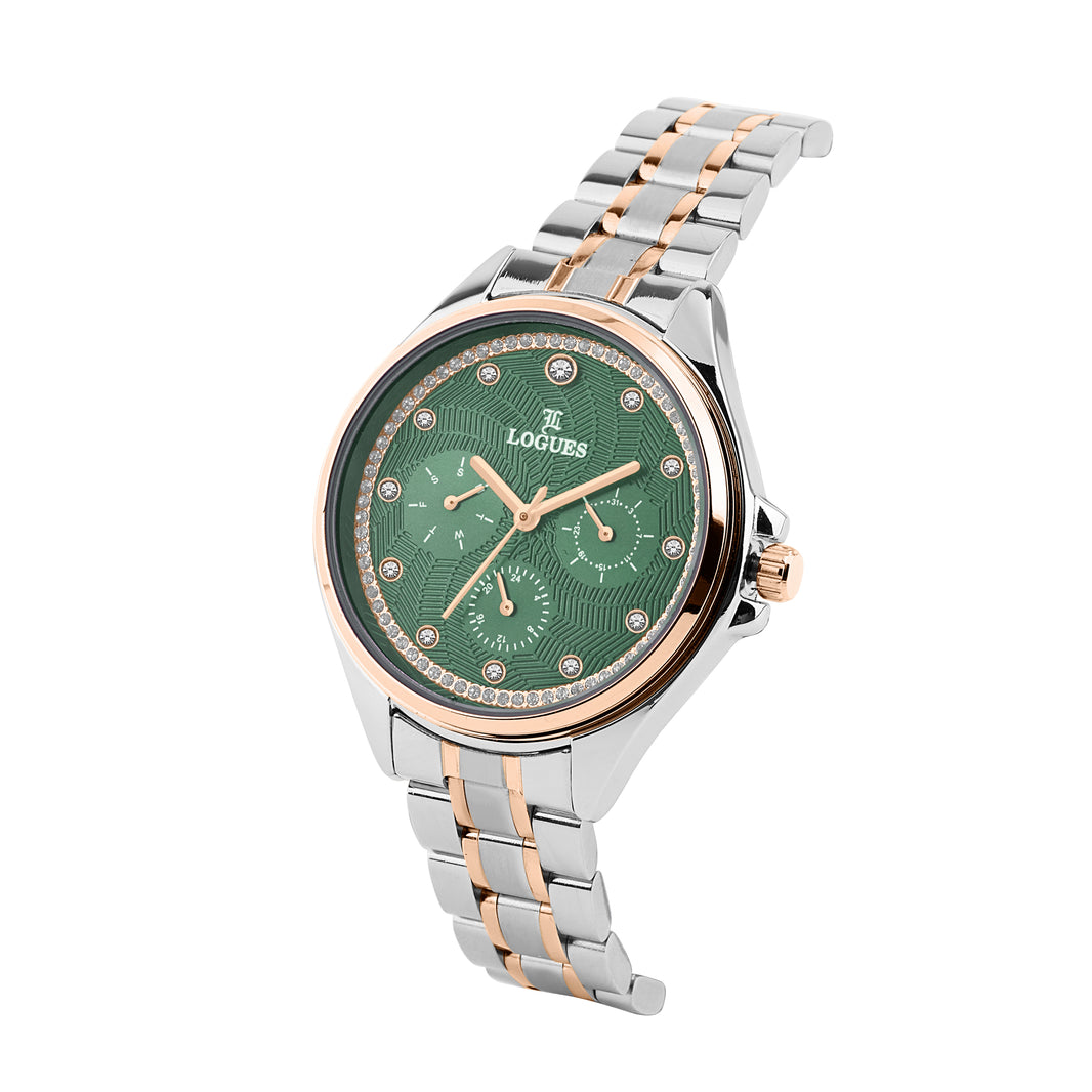 image Logues | L 1721 BWM-10 Logues Quartz Analogue Green Dial Steel Rose Metal Strap Watch For Women