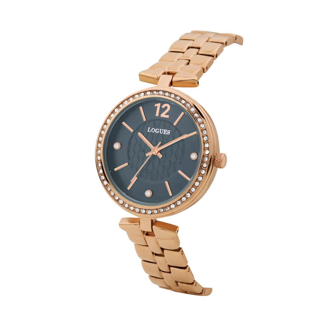 image Logues | L 6275 WM-04 Logues Quartz Analogue Blue Dial Rose Gold Metal Strap Watch For Women