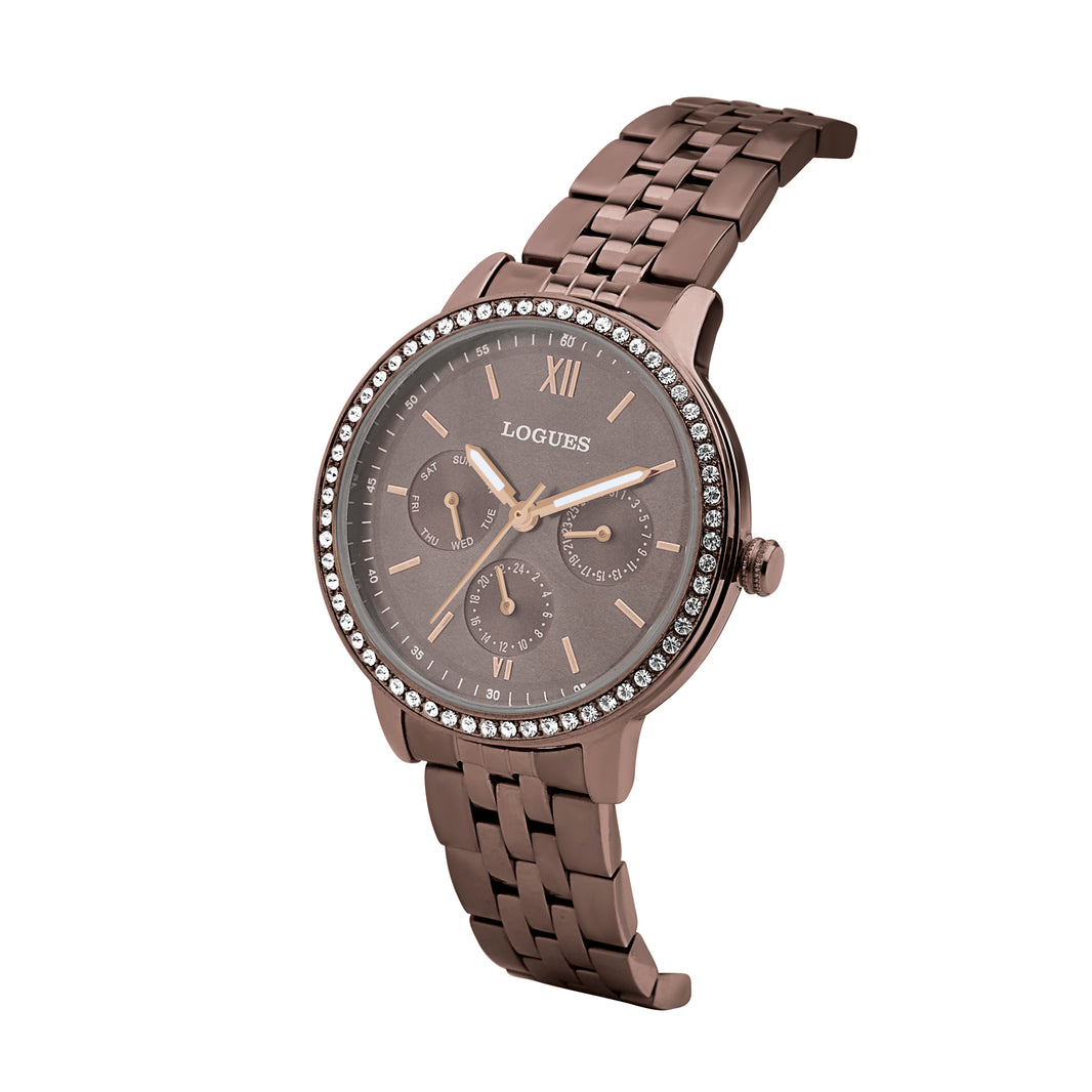 image Logues women's multifunction watch, brown dial, rose gold metal strap, 36 mm case - L 1724 CM-05 (view 2)