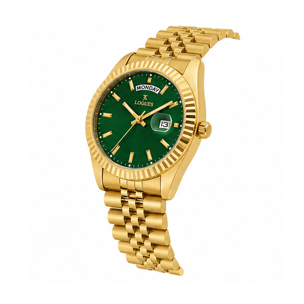 image Logues men's analog watch, green dial, gold metal strap, 41 mm case - G 4167 YMD-10 (view 2)