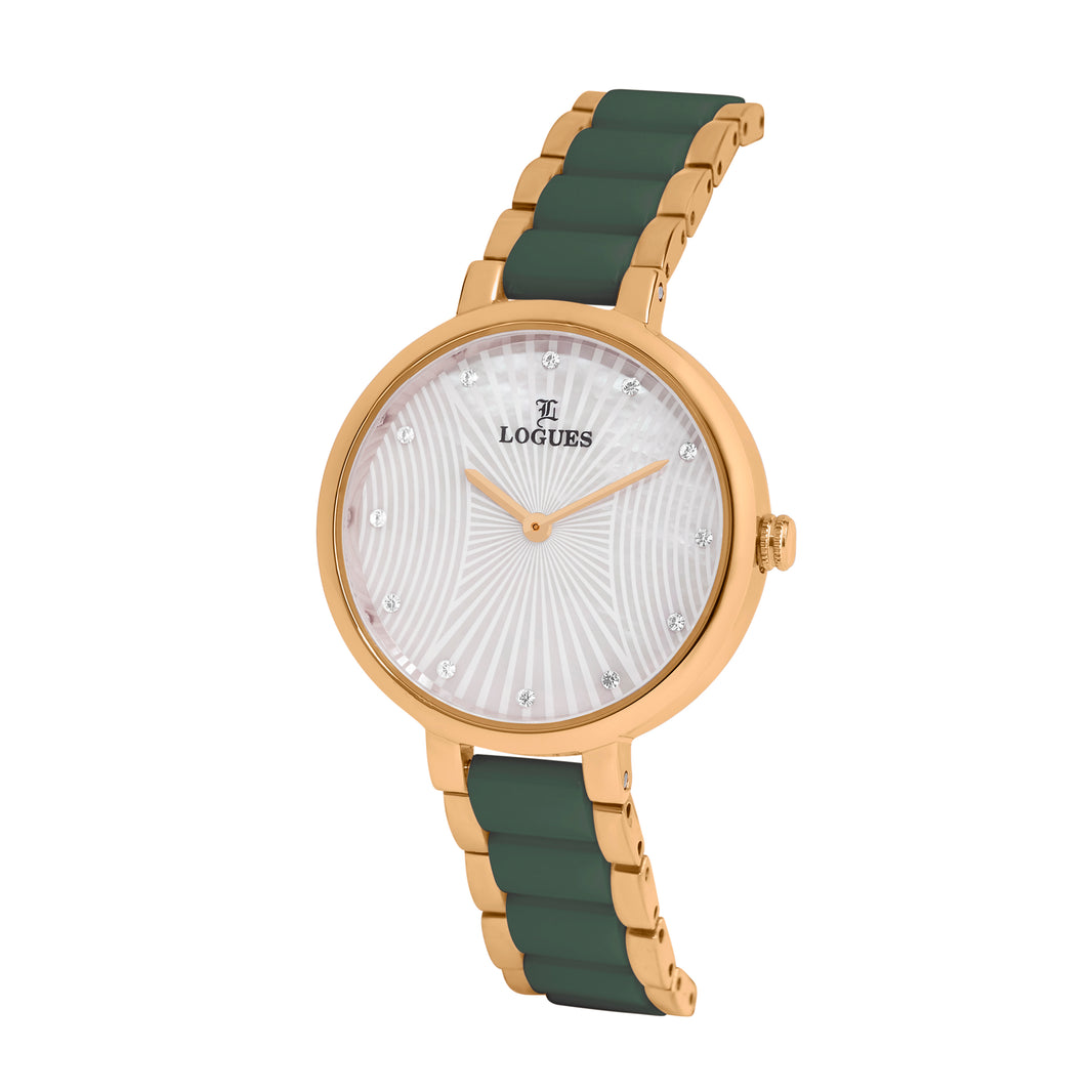 image Logues | L 6270 WGC-02 Logues Quartz Analogue Silver Dial Green Ceramic Strap Watch For Women