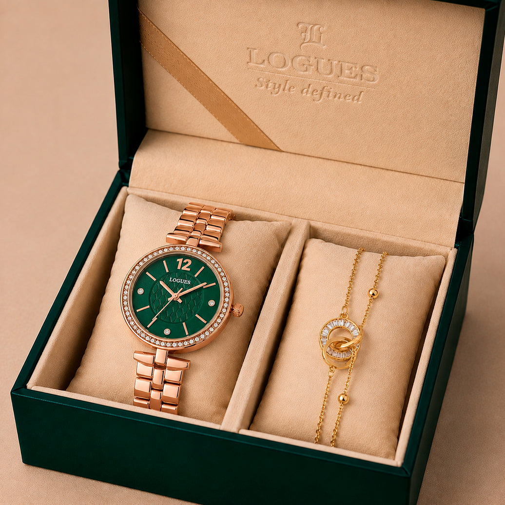 Logues | L 6275 WM-10 Logues Quartz Analogue Green Dial Rose Gold Metal Strap Watch For Women