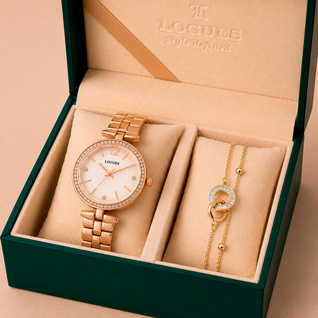 Logues | L 6275 WM-02 Logues Quartz Analogue Silver Dial Rose Gold Metal Strap Watch For Women