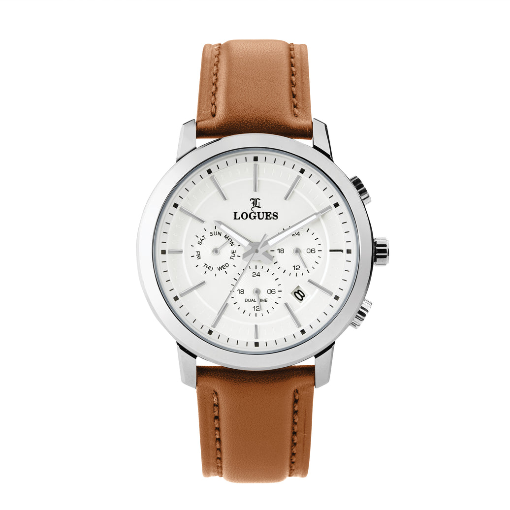 Logues | G 1913 SLD-20 Logues Quartz Analogue Silver Dial Tan Leather Strap Watch For Men
