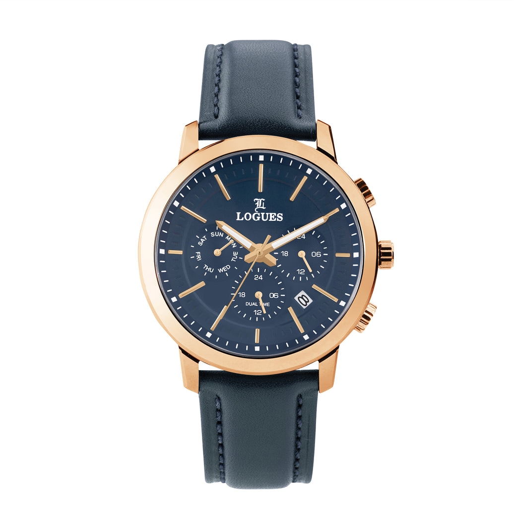 Logues | G 1913 WLD-04 Logues Quartz Analogue Blue Dial Rose Leather Strap Watch For Men