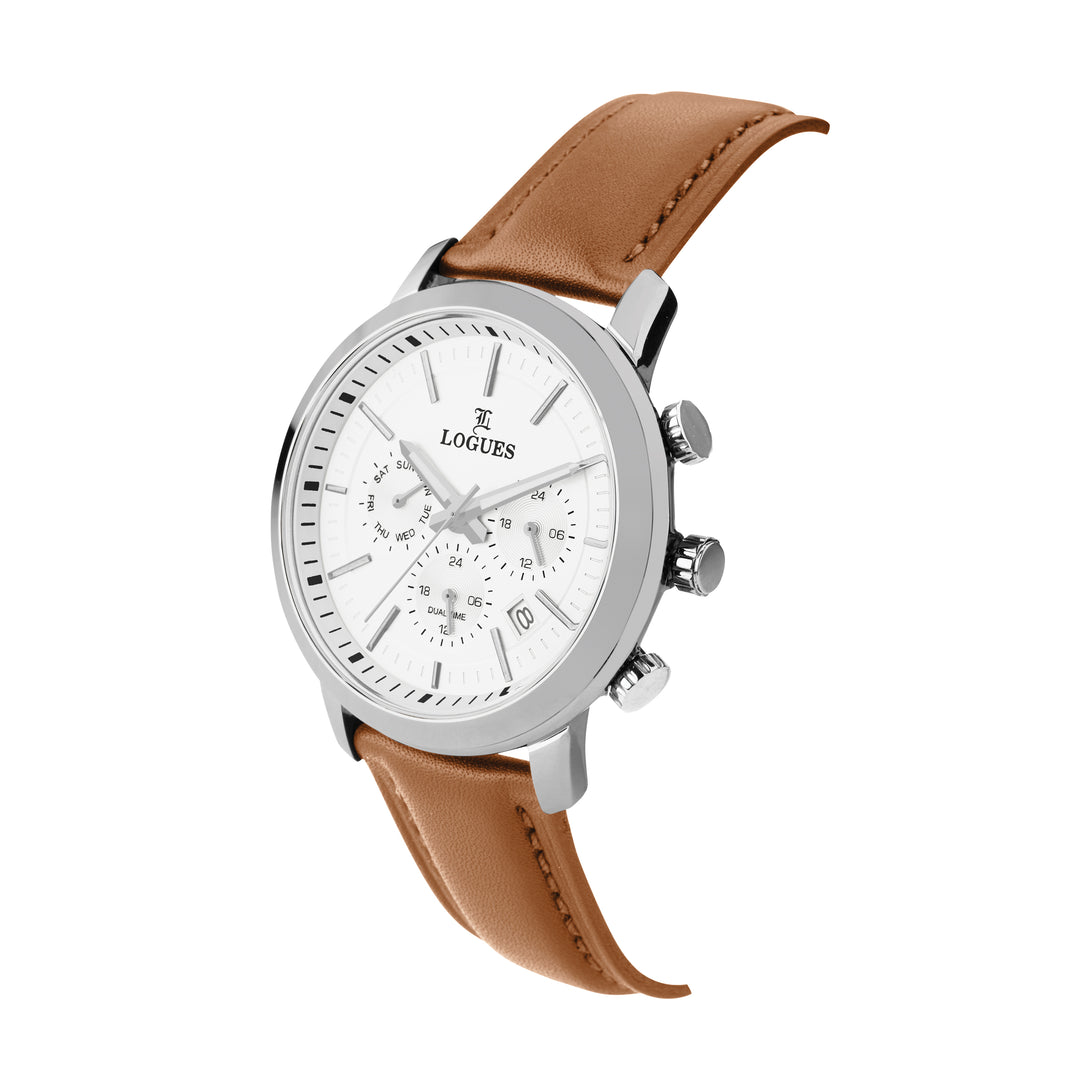 image Logues | G 1913 SLD-20 Logues Quartz Analogue Silver Dial Tan Leather Strap Watch For Men