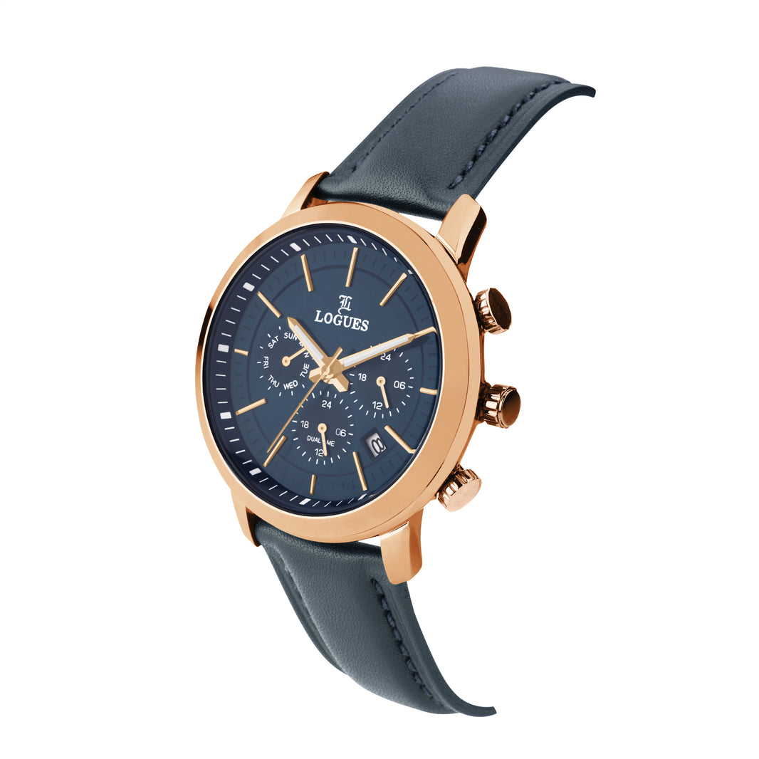 image Logues | G 1913 WLD-04 Logues Quartz Analogue Blue Dial Rose Leather Strap Watch For Men