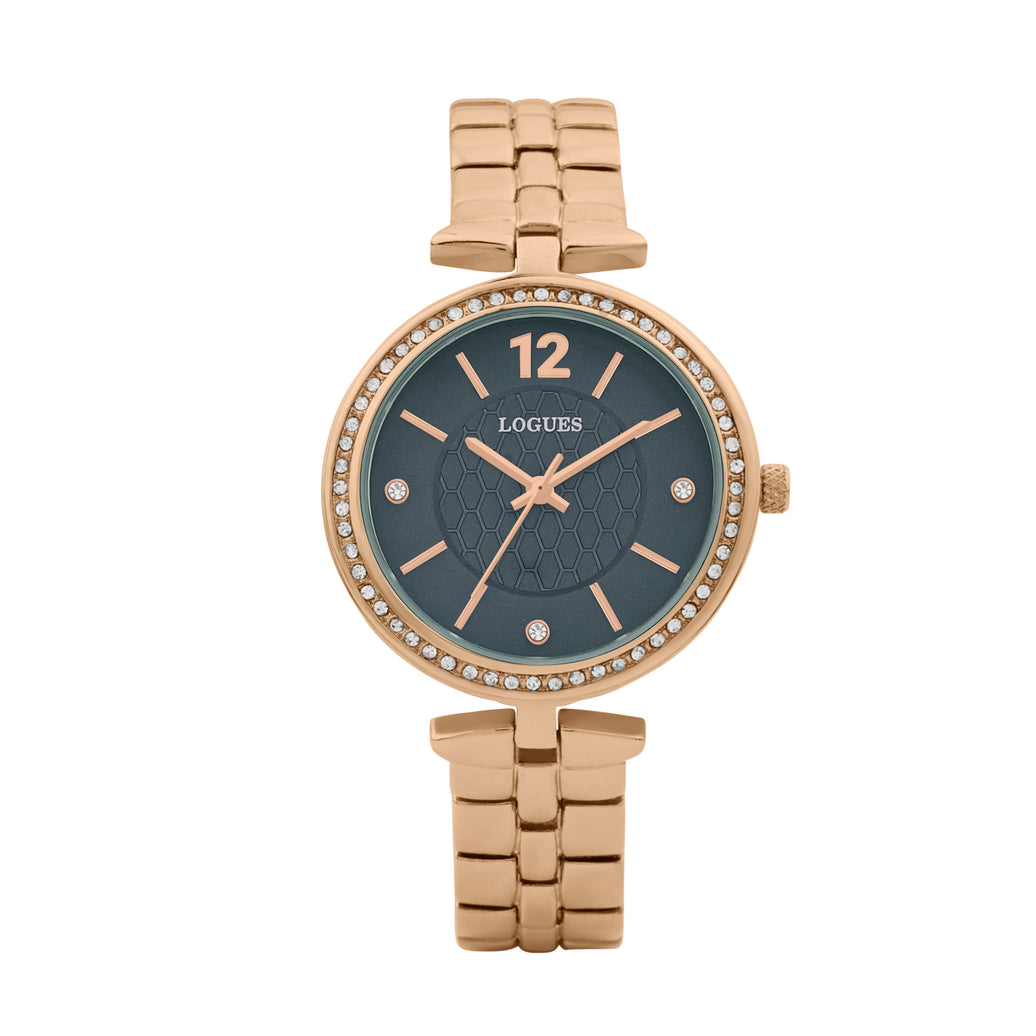 Logues | L 6275 WM-04 Logues Quartz Analogue Blue Dial Rose Gold Metal Strap Watch For Women