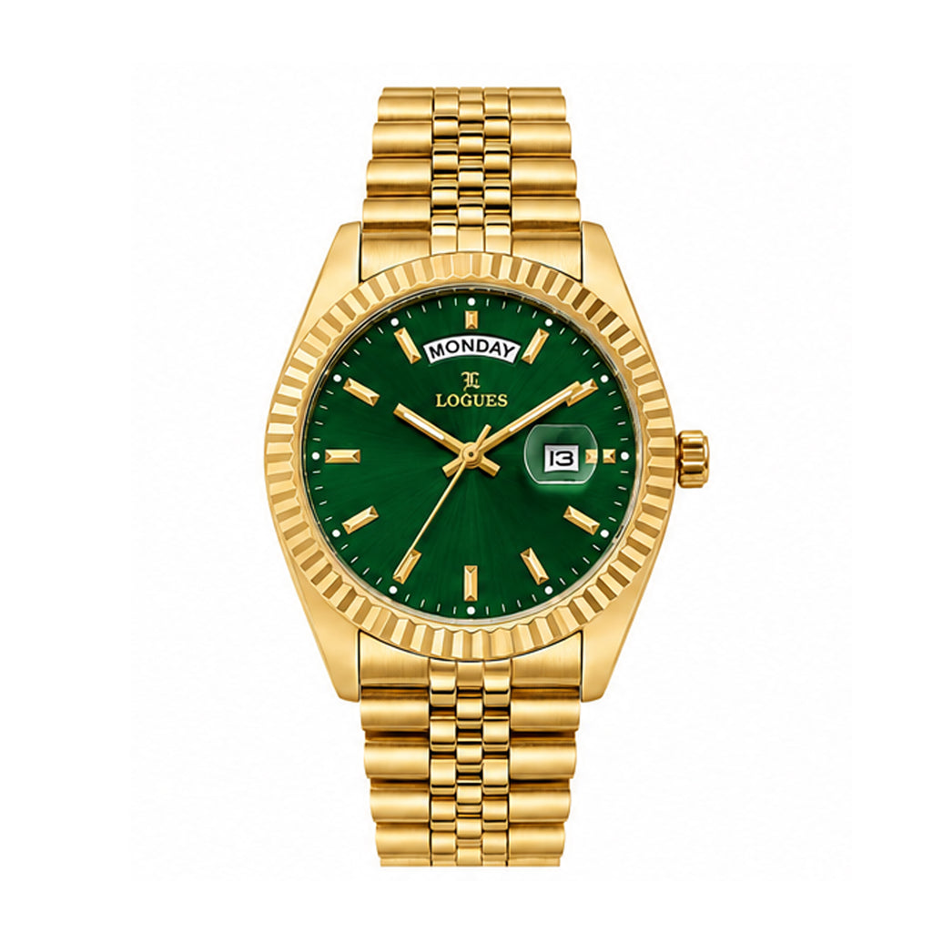 Logues men's analog watch, green dial, gold metal strap, 41 mm case - G 4167 YMD-10