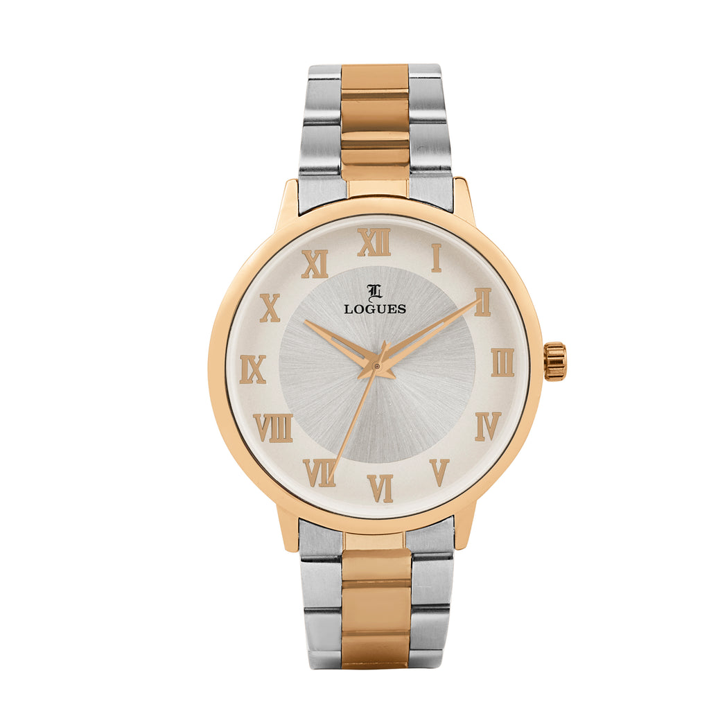 Logues | G 4219 BWM-02 Logues Quartz Analogue Silver Dial Steel Rose Metal Strap Watch For Men