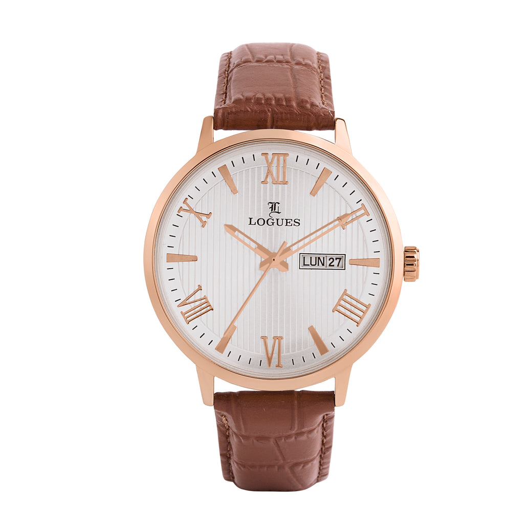Logues | G 4211 WLD-20 Logues Quartz Analogue Silver Dial Brown Leather Strap Watch For Men