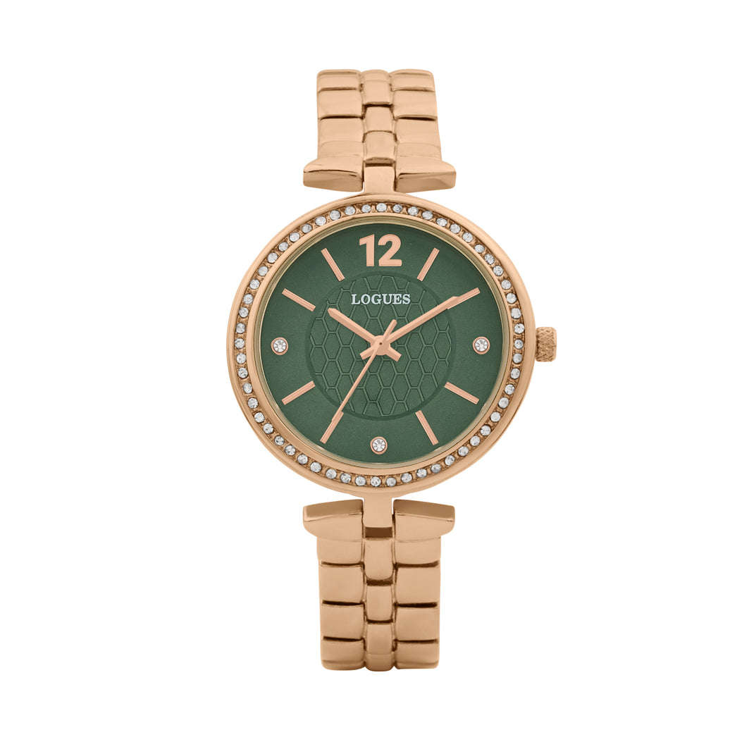 Logues | L 6275 WM-10 Logues Quartz Analogue Green Dial Rose Gold Metal Strap Watch For Women