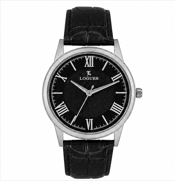 Logues | G 4204 QL-03 Logues Quartz Analogue Black Dial Grey Leather Strap Watch For Men