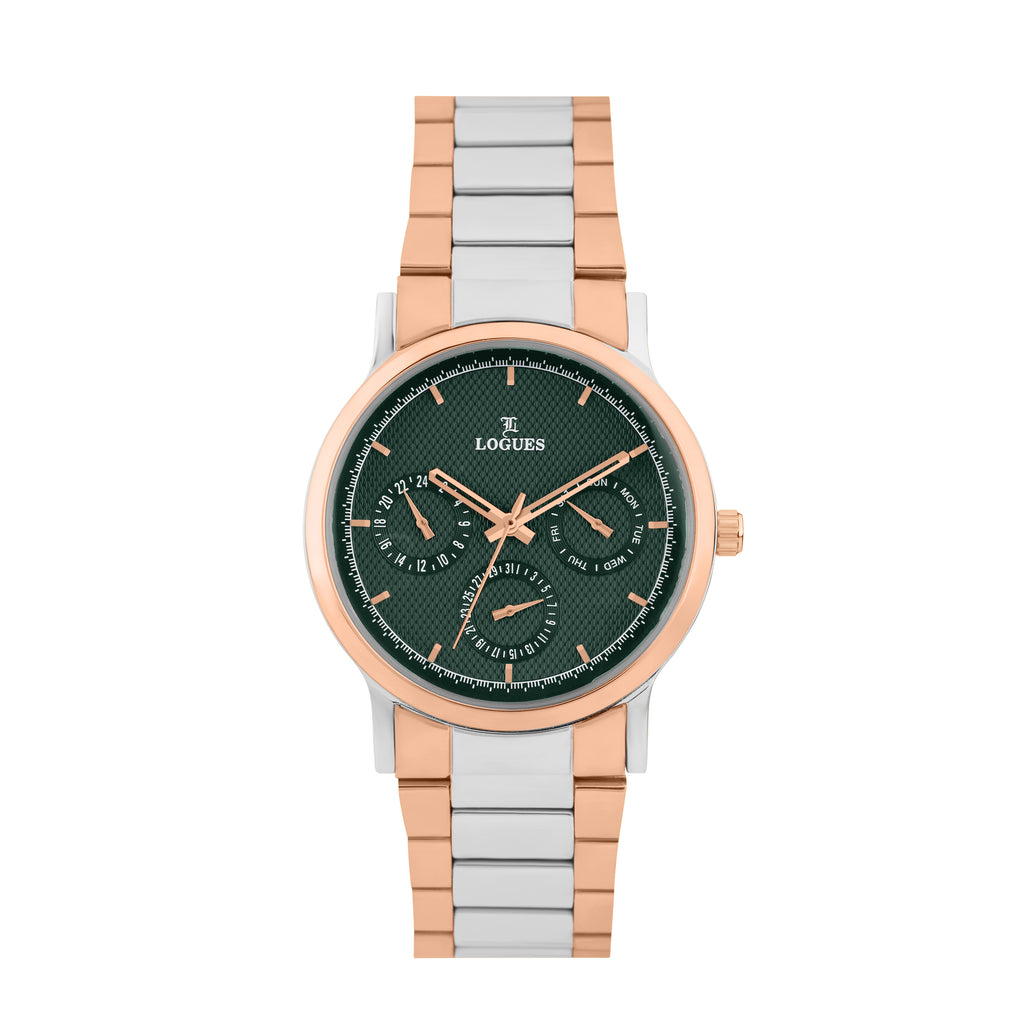 Logues | G 1912 BWM-10 Logues Quartz Analogue Green Dial Steel Rose Metal Strap Watch For Men
