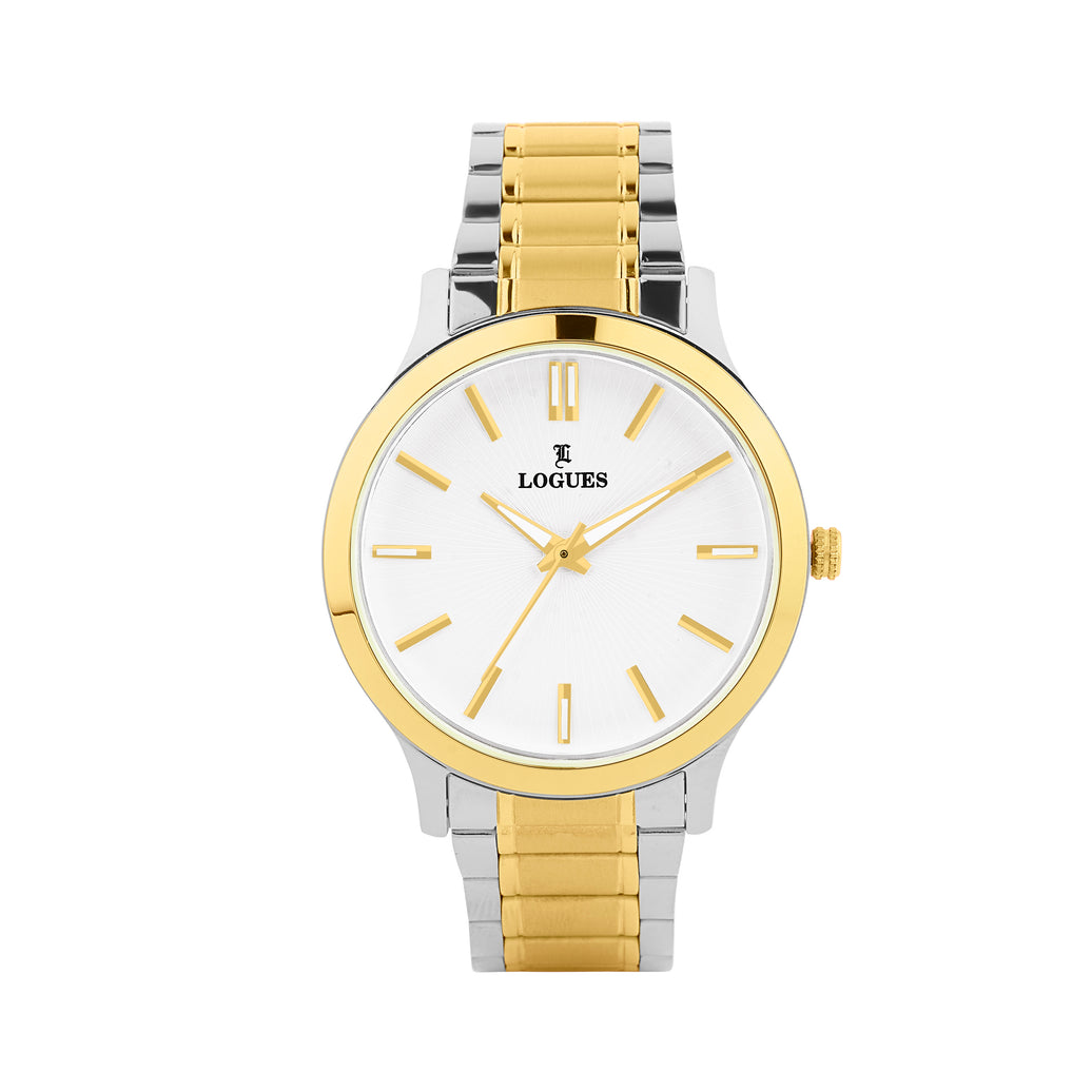 Logues | G 4208 BM-02 Logues Quartz Analogue Silver Dial Steel Gold Metal Strap Watch For Men