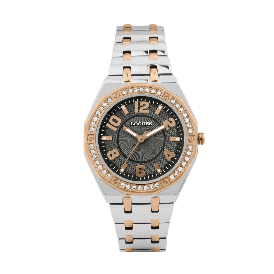 Logues | L 6274 BWM-27 Logues Quartz Analogue Grey Dial Steel Rose Metal Strap Watch For Women