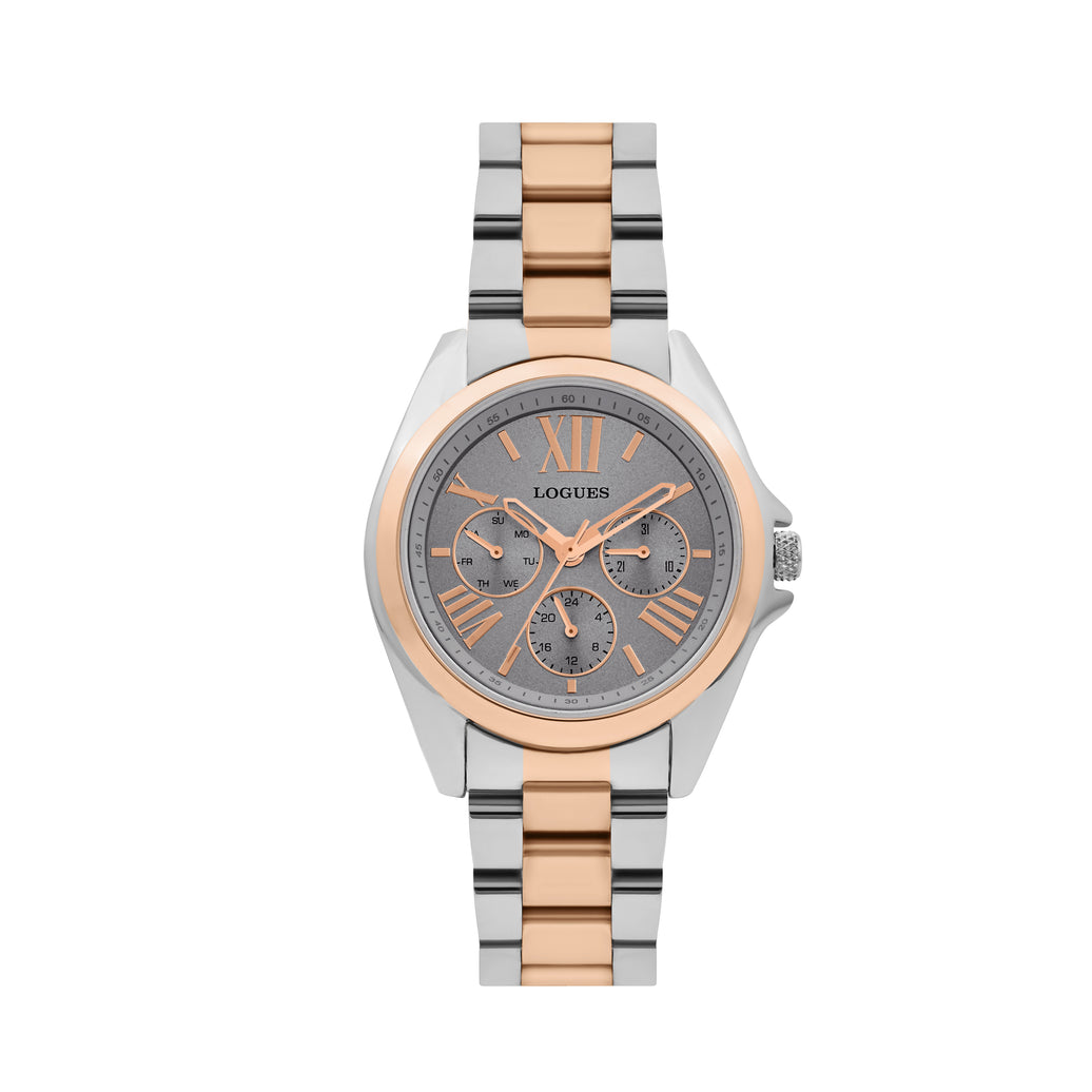 Logues | L 1722 BWM-27 Logues Quartz Analogue Grey Dial Steel Rose Metal Strap Watch For Women