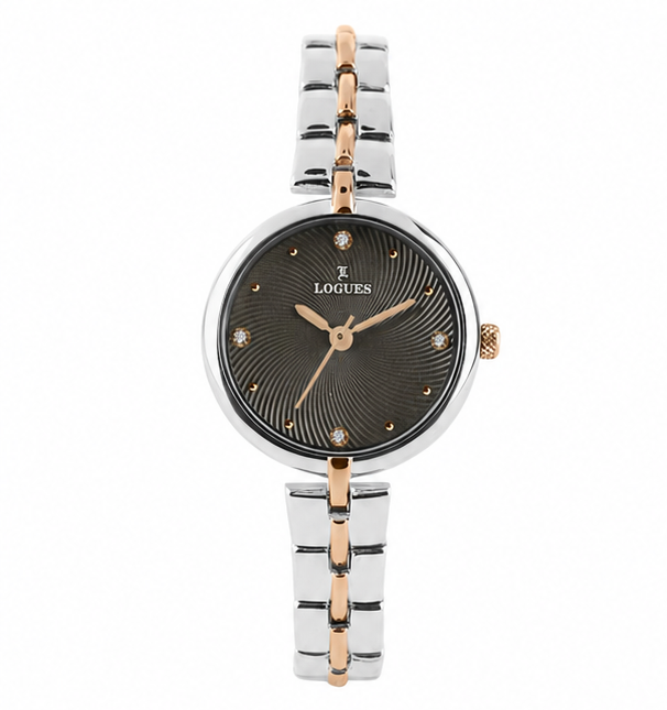 Logues | L 6262 BWM-27 Logues Quartz Analogue Grey Dial Rose Two Tone Metal Strap Watch For Women