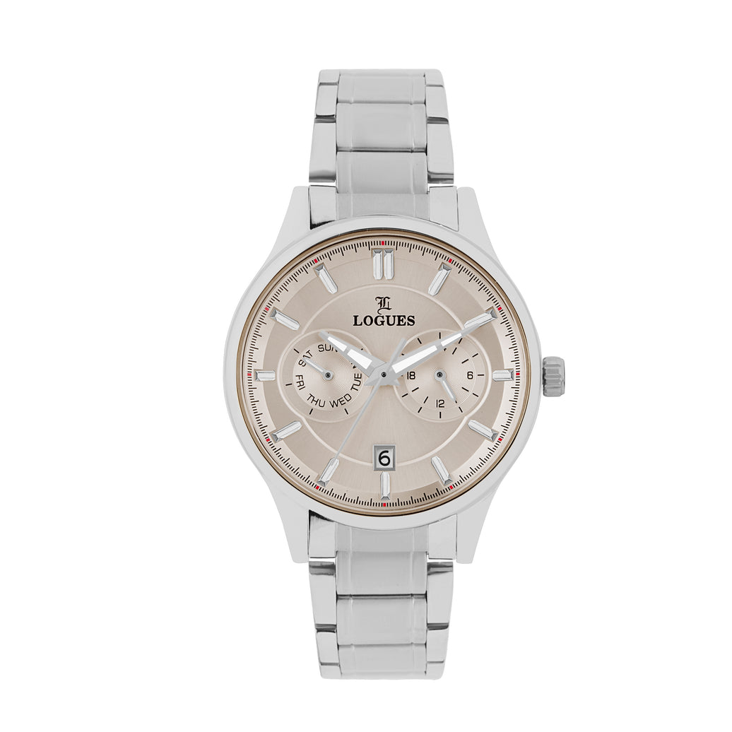 Logues | G 1911 SMD-67 Logues Quartz Analogue Pink Dial Steel Metal Strap Watch For Men