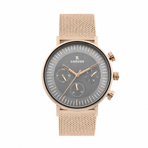 Logues | G 1990 WZ-27 Logues Quartz Analogue Grey Dial Rose Mesh Strap Watch For Men