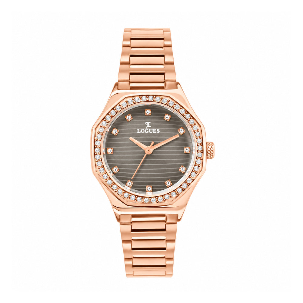 Logues women's analog watch, grey dial, rose gold metal strap, 38 mm case - L 6232 WM-27
