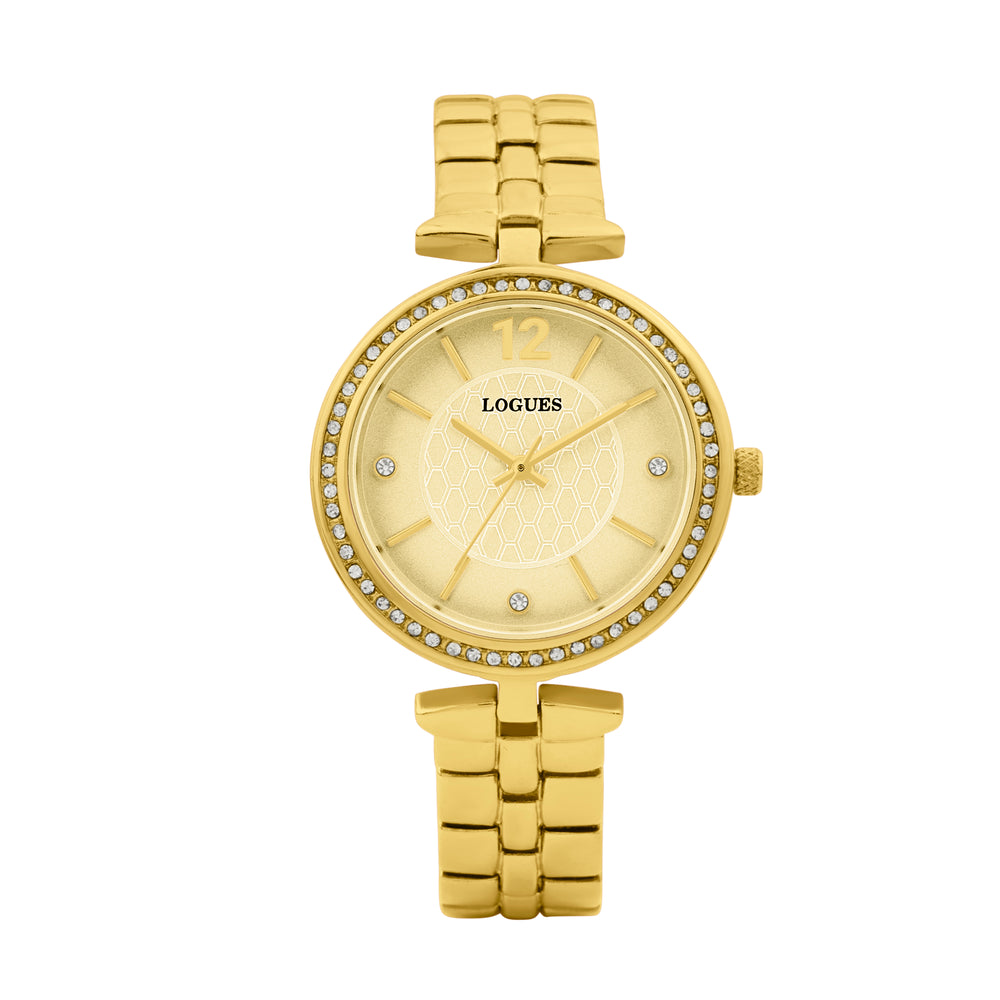 Logues | L 6275 YM-13 Logues Quartz Analogue Gold Dial Gold Metal Strap Watch For Women