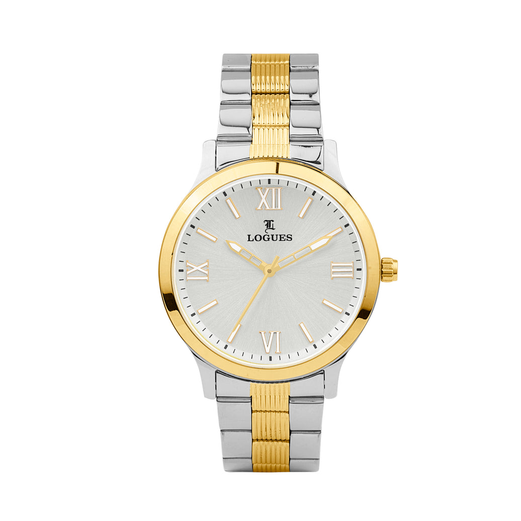 Logues | G 4209 BM-02 Logues Quartz Analogue Silver Dial Steel Gold Metal Strap Watch For Men