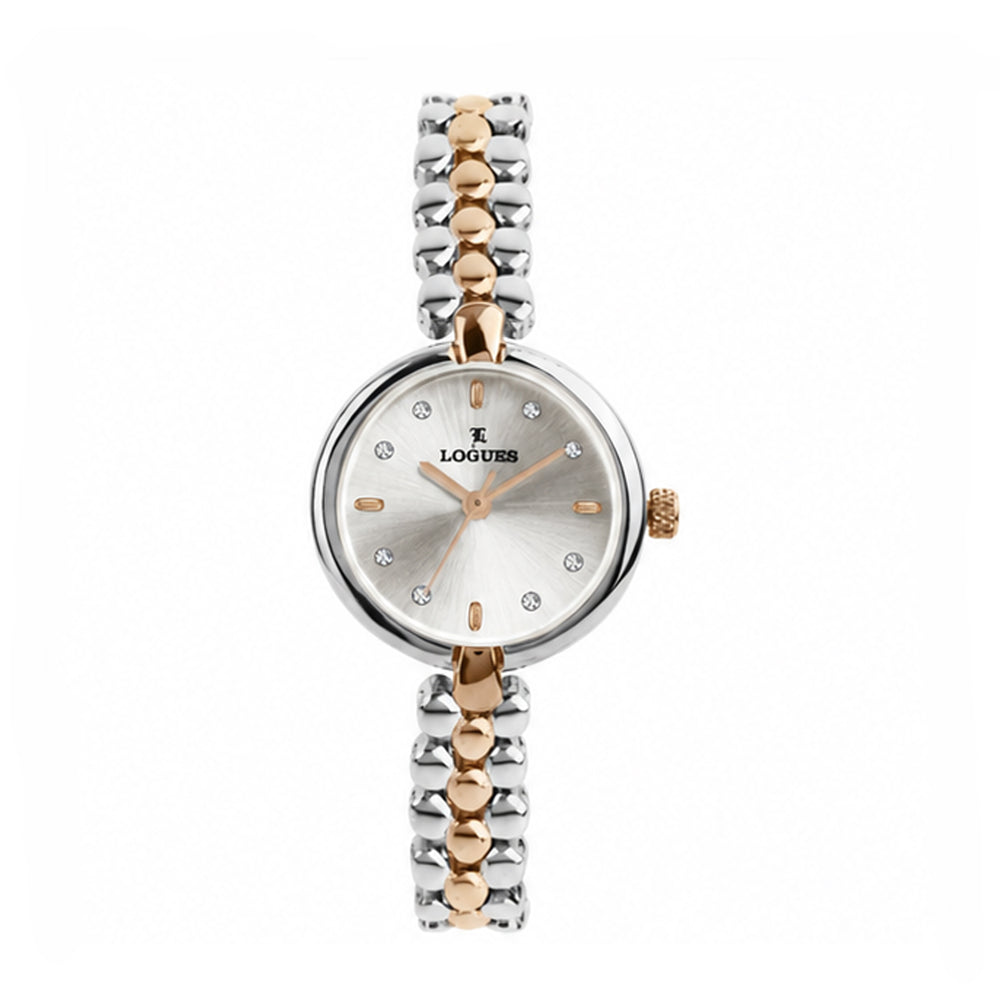 Logues women's analog watch, silver dial, rose dual-tone metal strap, 26 mm case - L 6243 BWM-02