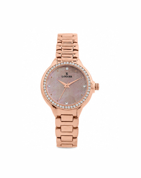 Logues | L 6233 WM-09 Logues Quartz Analogue Pink Dial Rose Metal Strap Watch For Women