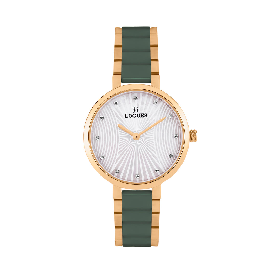 Logues | L 6270 WGC-02 Logues Quartz Analogue Silver Dial Green Ceramic Strap Watch For Women