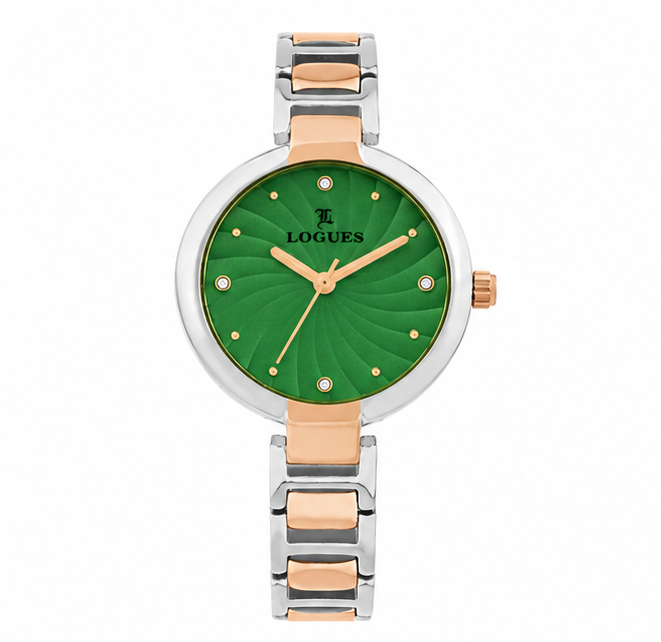 Logues | L 6223 BWM-10 Logues Quartz Analogue Green Dial Rose Two Tone Metal Strap Watch For Women