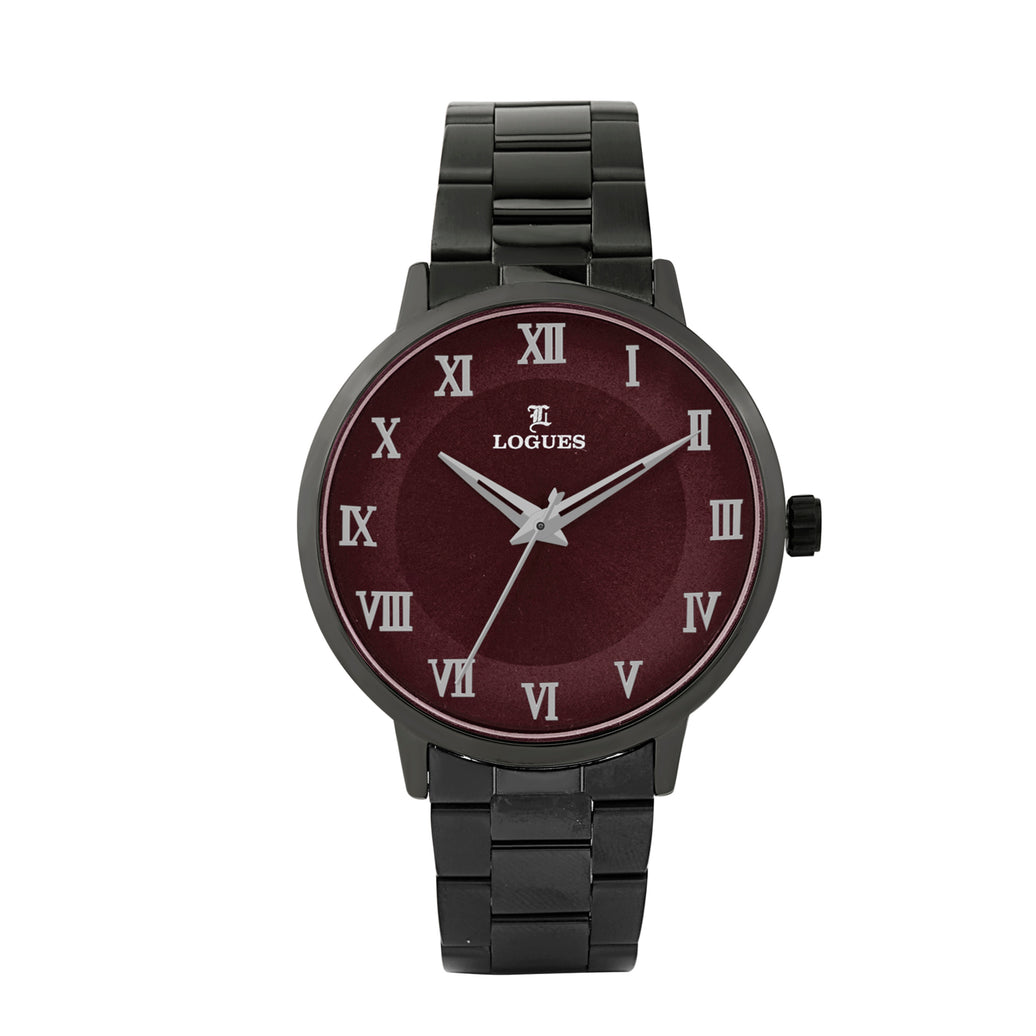 Logues | G 4219 QM-87 Logues Quartz Analogue Red Dial Grey Metal Strap Watch For Men