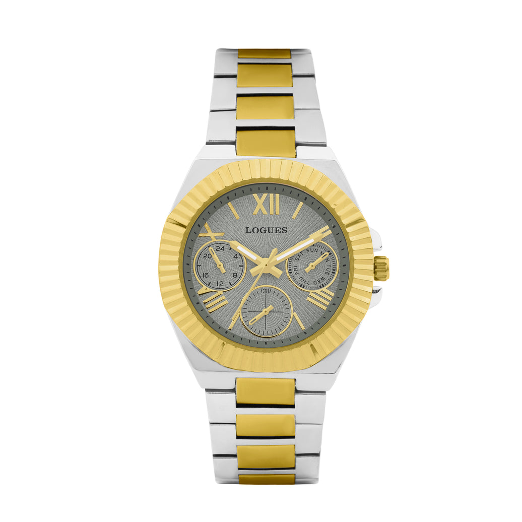 Logues | L 1725 BM-27 Logues Quartz Analogue Grey Dial Steel Gold Metal Strap Watch For Women