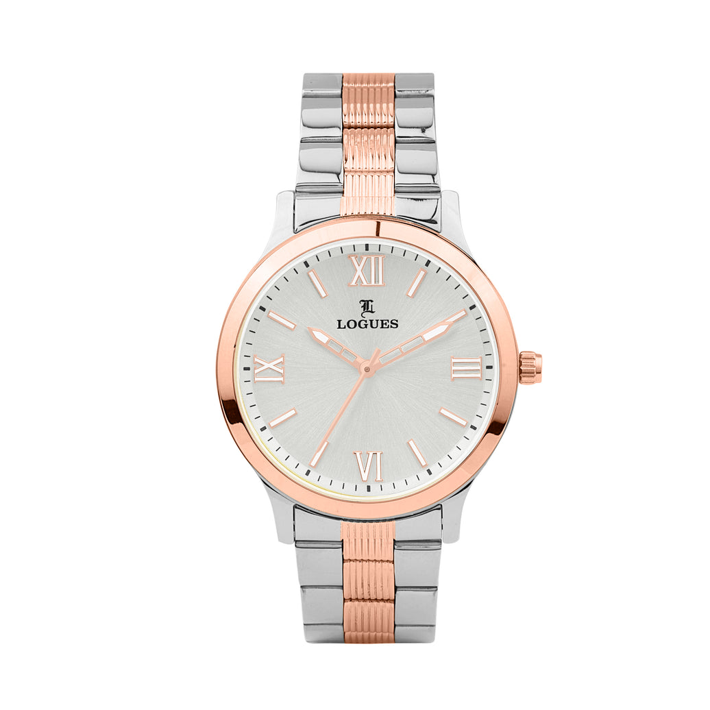 Logues | G 4209 BWM-02 Logues Quartz Analogue Silver Dial Steel Rose Metal Strap Watch For Men