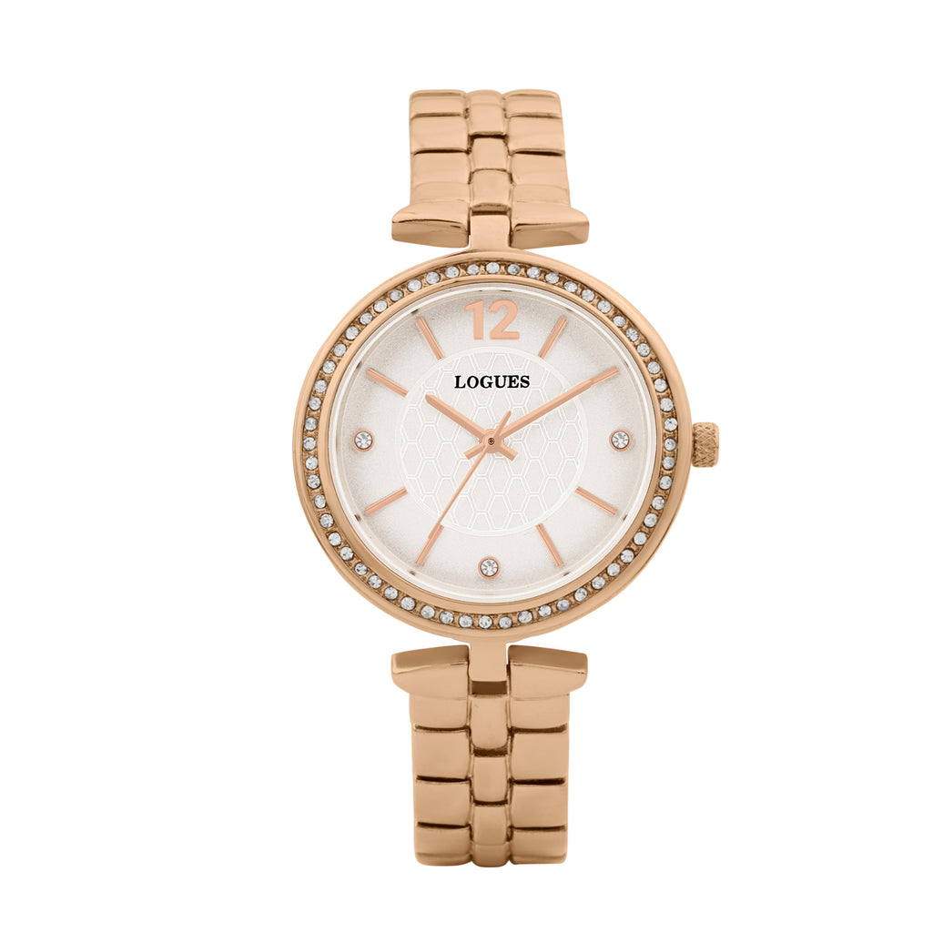Logues | L 6275 WM-02 Logues Quartz Analogue Silver Dial Rose Gold Metal Strap Watch For Women