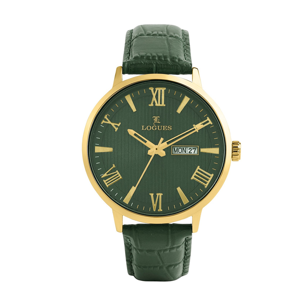 Logues | G 4211 YLD-10 Logues Quartz Analogue Green Dial Green Leather Strap Watch For Men